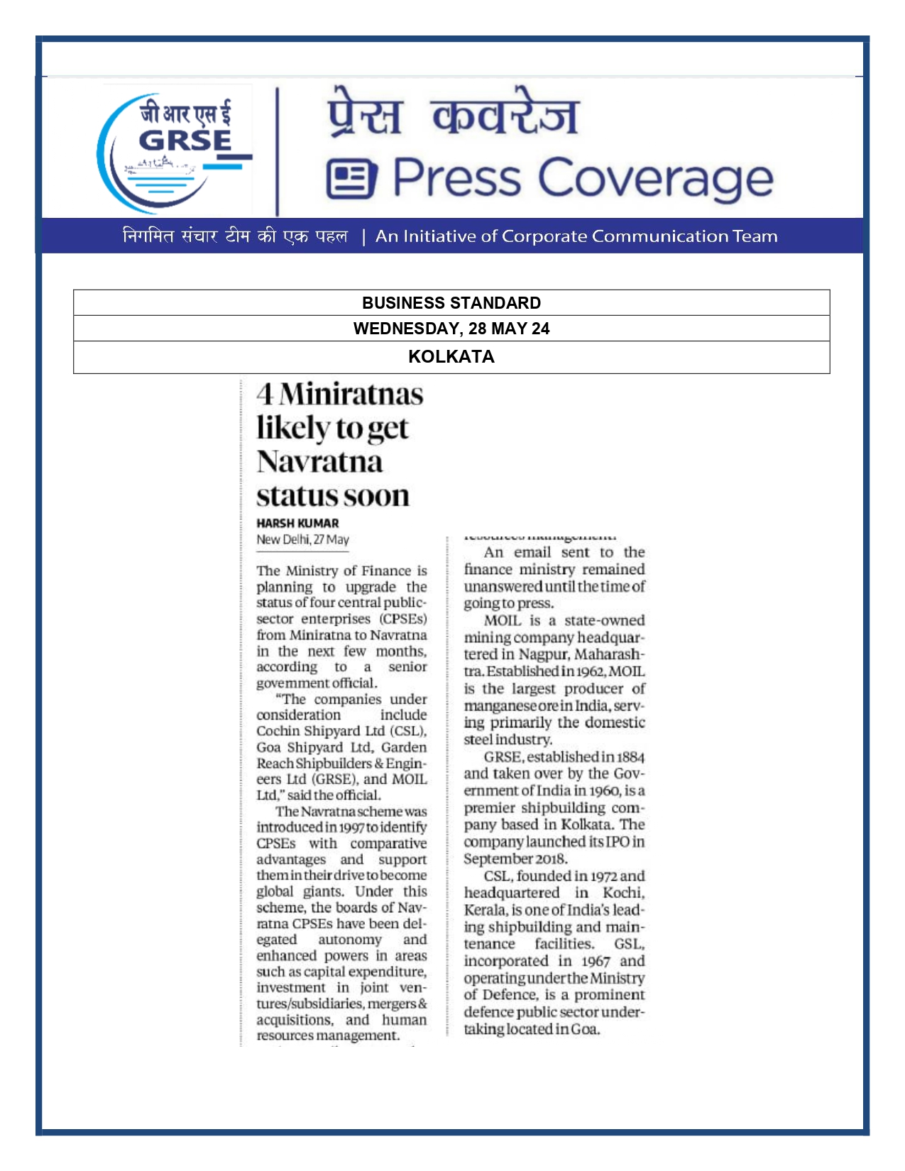 Press Coverage :  CMD,GRSE conferred on CMA's Management Excellence Award 2025   